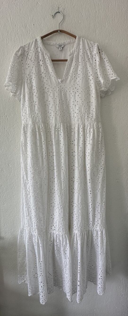 Crown & Ivy White Eyelet Dress Sz 4 Cotton Midi Cottagecore Belt Lace Lined Sz 4